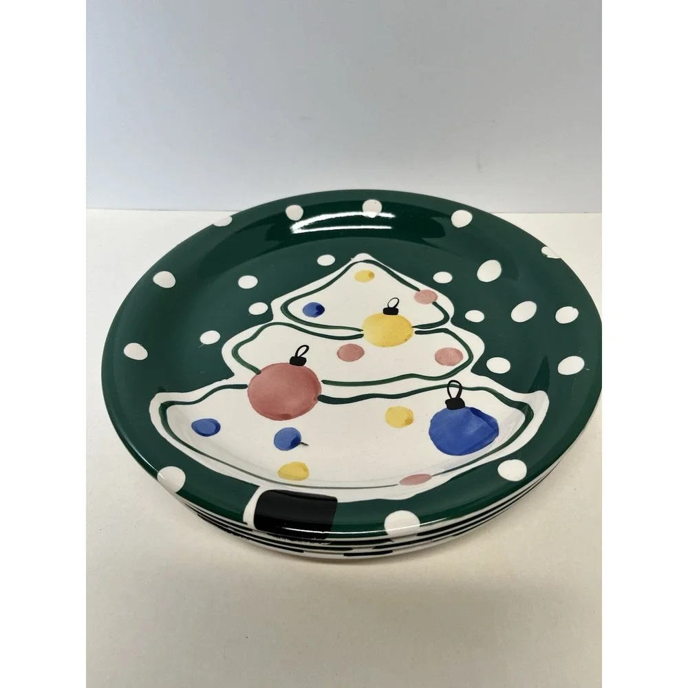 Gibson Everyday Hand-Painted Green and White Christmas Tree Bowls Set Of 4